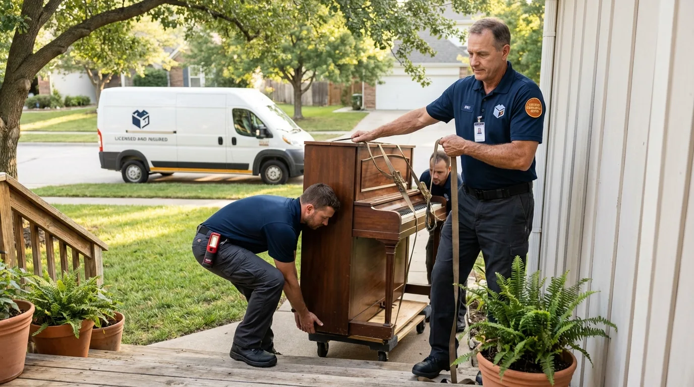 Licensed piano movers securing grand piano in Rosamond, CA